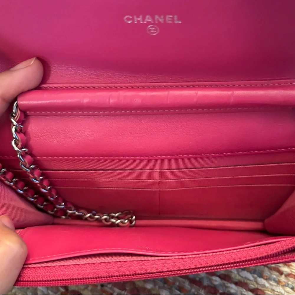 CHANEL Patent Calfskin Quilted Wallet On Chain WOC Strawberry Pink 🍓 - Picture 15 of 16